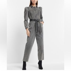 Express Puff Sleeve Toe Waist Gray Wash Denim Jumpsuit, Size 0